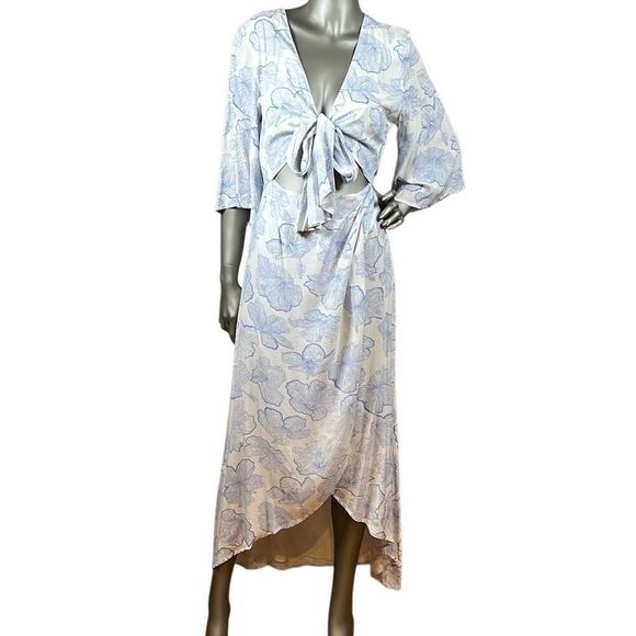 NWT L*Space Floral Faux Wrap Midi Dress Blue White Rayon Size M (038) - Picture 8 of 16